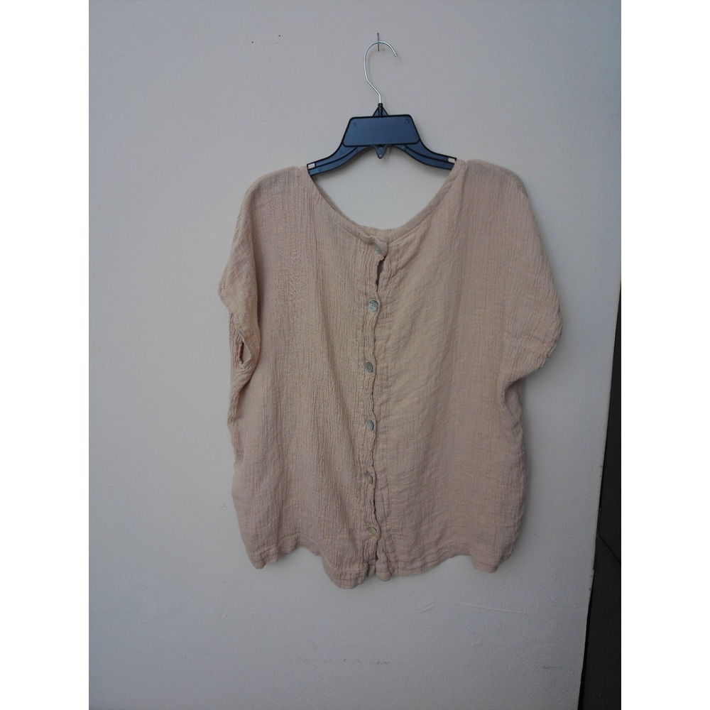 100% Linen Tahari Linen Button Back Blouse Womens Beige Tan Size XL Short Sleeve